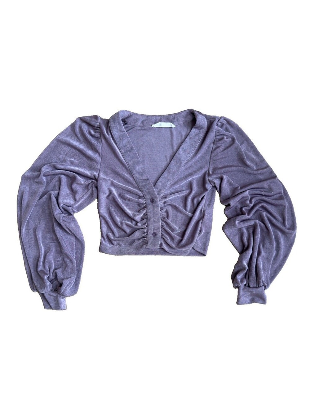 Elodie Womens M Purple Velour Ruched Crop Top Puff Sleeve Y2K Button Front
